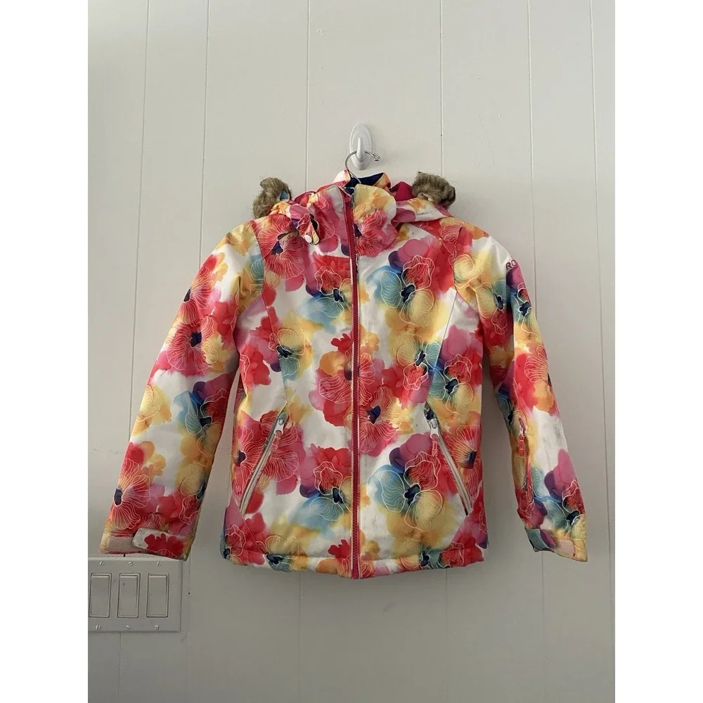 ROXY DryFlight 10K Girls Floral Snowboard Ski Jacket Faux Fur Hood Size 8 Small